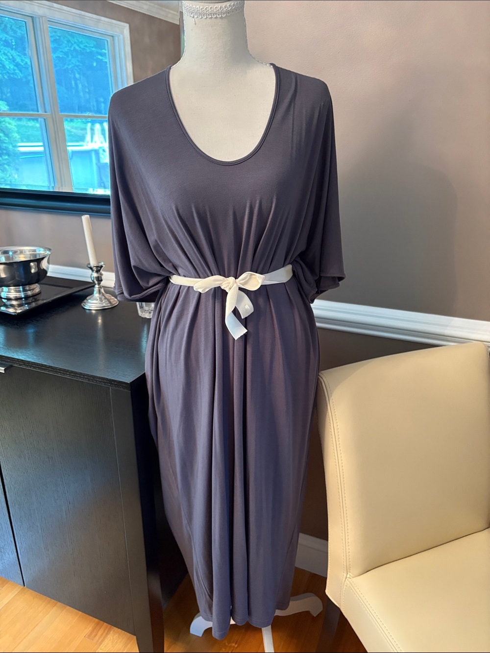 Barefoot Dreams Midi Dress in Slate Gray with Cream Tie
